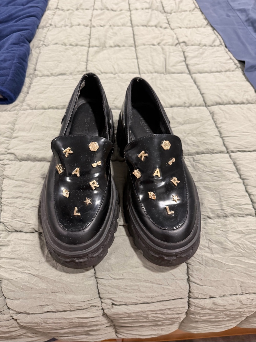 Karl Lagerfeld Black Patent Loafer Mules with Metal Accent